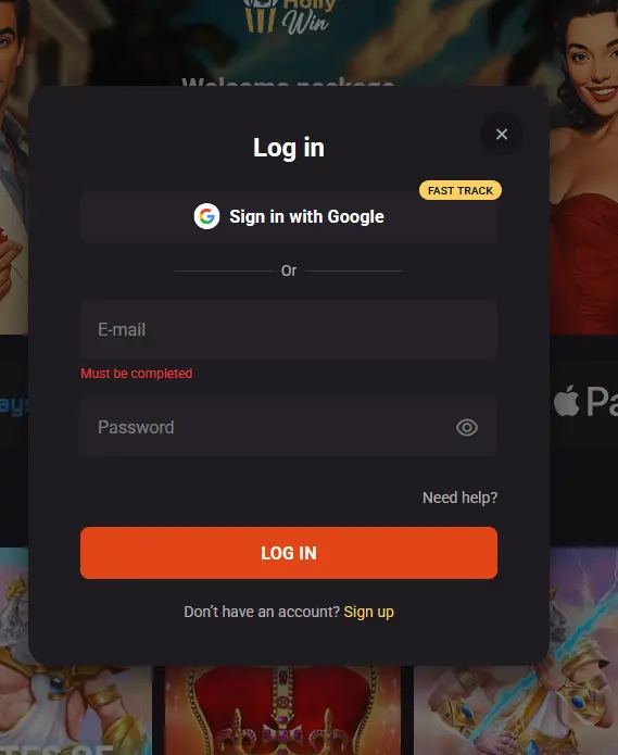 Login-Bereich von HollyWin Casino