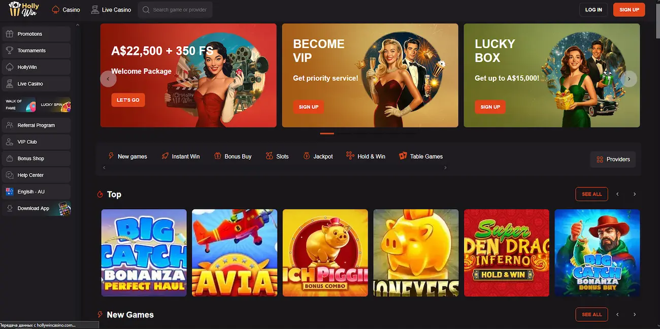 Spielelobby von HollyWin Casino mit Slots und Live-Tischen