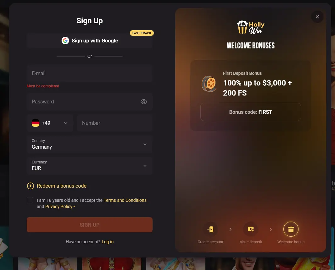 Registrierungsformular bei HollyWin Casino